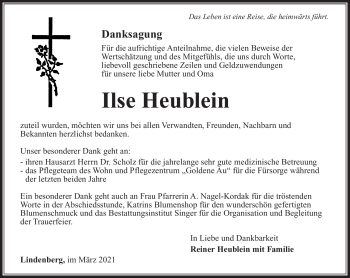 Traueranzeige von Ilse Heublein von Südthüringer Presse