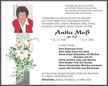 Traueranzeige von Antia Heß von Südthüringer Presse