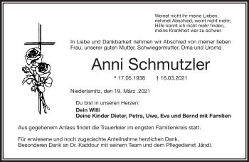 Traueranzeige von Anni Schmutzler von Frankenpost