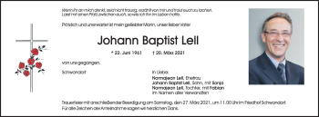 Traueranzeige von Johann Baptist Lell von Frankenpost