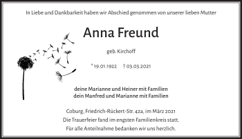 Traueranzeige von Anna Freund von Neue Presse Coburg