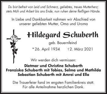 Traueranzeige von Hildegard Schuberth von Frankenpost