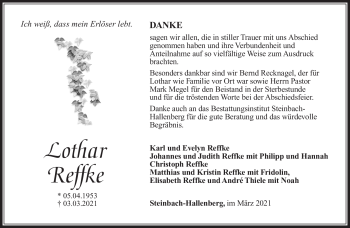 Traueranzeige von Lothar Reffke von Südthüringer Presse