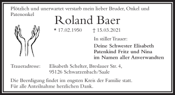 Traueranzeige von Roland Baer von Frankenpost