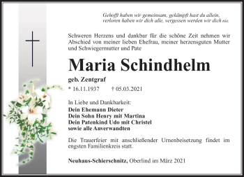 Traueranzeige von Maria Schindhelm von Südthüringer Presse