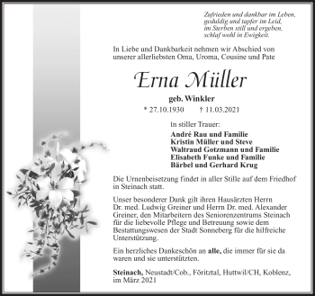 Traueranzeige von Erna Müller von Südthüringer Presse