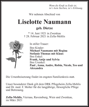 Traueranzeige von Liselotte Naumann von Südthüringer Presse