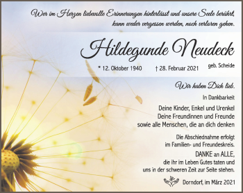 Traueranzeige von Hildegard Neudeck von Südthüringer Presse