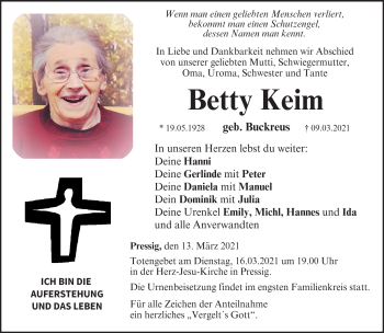 Traueranzeige von Betty Keim von Neue Presse Coburg