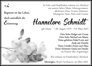 Traueranzeige von Hannelore Schmidt von Südthüringer Presse