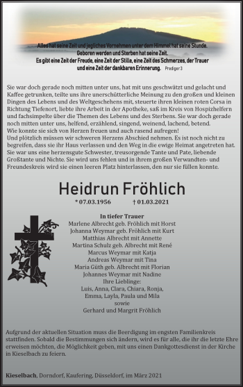 Traueranzeige von Heidrun Fröhlich von Südthüringer Presse