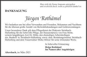 Traueranzeige von Jürgen Rothämel von Südthüringer Presse
