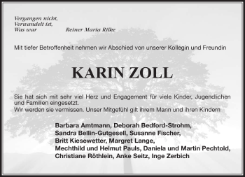 Traueranzeige von Karin Zoll von Neue Presse Coburg