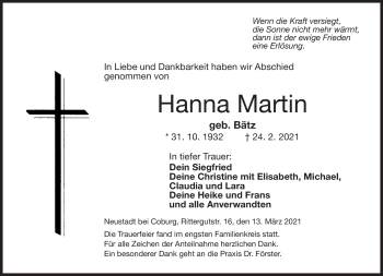 Traueranzeige von Hanna Martin von Neue Presse Coburg