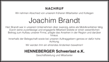 Traueranzeige von Joachim Brandt von Südthüringer Presse