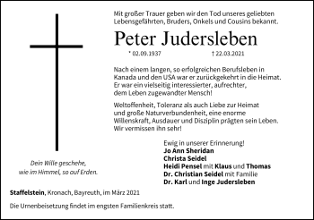 Traueranzeige von Peter Judersleben von Neue Presse Coburg