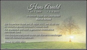Traueranzeige von Hans Arnold von Südthüringer Presse