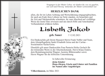 Traueranzeige von Lisbeth Jakob von Südthüringer Presse