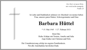 Traueranzeige von Barbara Hüttel von Frankenpost