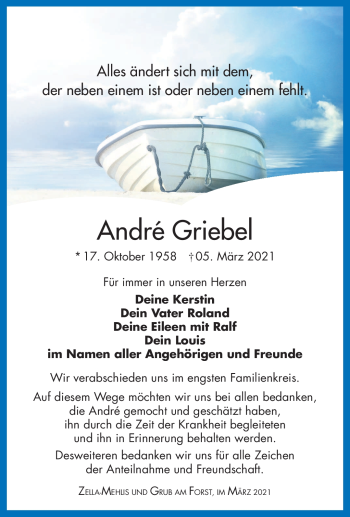 Traueranzeige von André Griebel von Südthüringer Presse