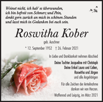 Traueranzeige von Roswitha Kober von Südthüringer Presse