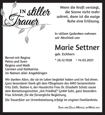 Traueranzeige von Marie Settner von Südthüringer Presse