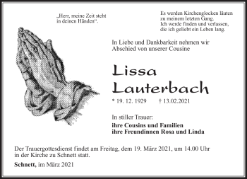 Traueranzeige von Lissa Lauterbach von Südthüringer Presse