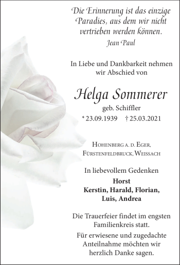 Traueranzeige von Helga Sommerer von Frankenpost