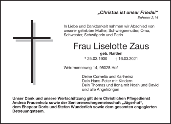 Traueranzeige von Liselotte Zaus von Frankenpost