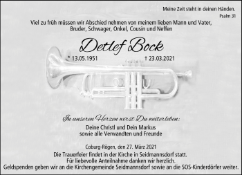 Traueranzeige von Detlef Bock von Neue Presse Coburg