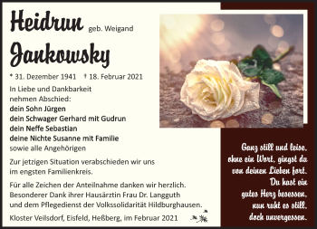 Traueranzeige von Heidrun Jankowsky von Südthüringer Presse
