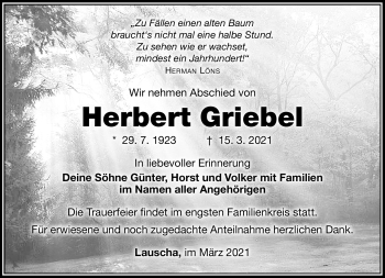 Traueranzeige von Herbert Griebel von Südthüringer Presse