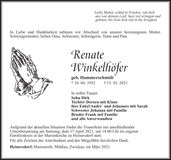 Traueranzeige von Renate Winkelhöfer von Südthüringer Presse