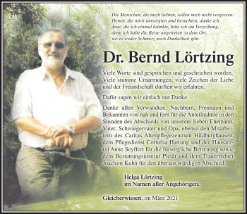 Traueranzeige von Bernd Lörtzing von Südthüringer Presse