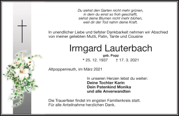 Traueranzeige von Irmgard Lauterbach von Frankenpost