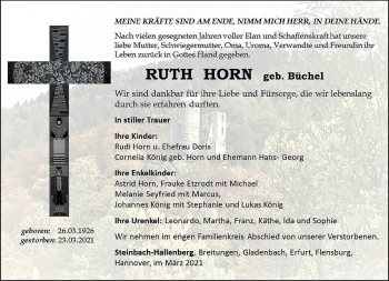 Traueranzeige von Ruth Horn von Südthüringer Presse