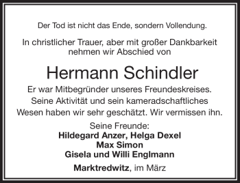 Traueranzeige von Hermann Schindler von Frankenpost