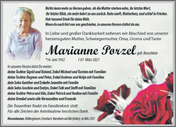 Traueranzeige von Marianne Porzel von Südthüringer Presse