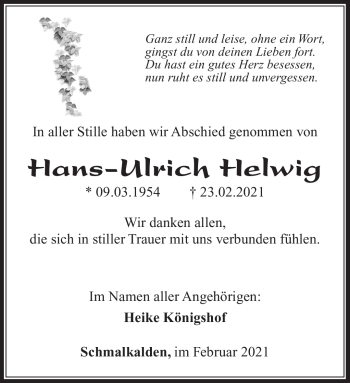 Traueranzeige von Hans-Ulrich Helwig von Südthüringer Presse