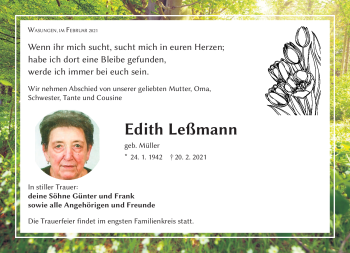 Traueranzeige von Edith Leßmann von Südthüringer Presse