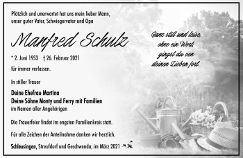 Traueranzeige von Manfred Schulz von Südthüringer Presse