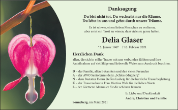 Traueranzeige von Delia Glaser von Südthüringer Presse