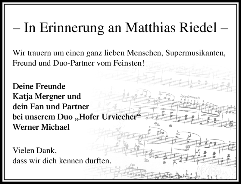  Traueranzeige für Matthias Riedel vom 30.03.2021 aus Frankenpost