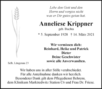 Traueranzeige von Anneliese Krippner von Frankenpost