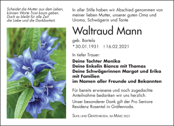 Traueranzeige von Waltraud Mann von Südthüringer Presse