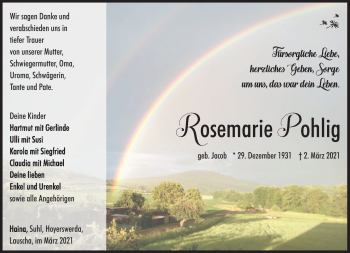Traueranzeige von Rosemarie Pohlig von Südthüringer Presse