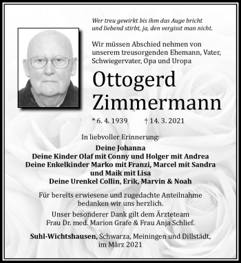 Traueranzeige von Ottogerd Zimmermann von Südthüringer Presse