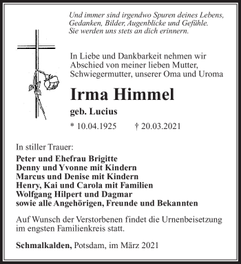 Traueranzeige von Irma Himmel von Südthüringer Presse