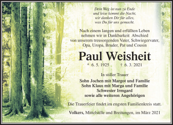 Traueranzeige von Paul Weisheit von Südthüringer Presse