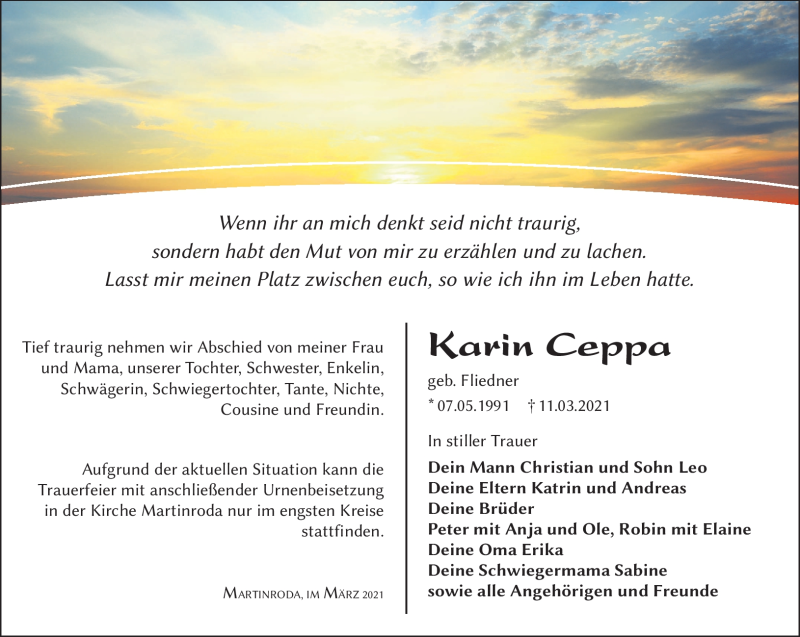  Traueranzeige für Karin Ceppa vom 20.03.2021 aus Südthüringer Presse
